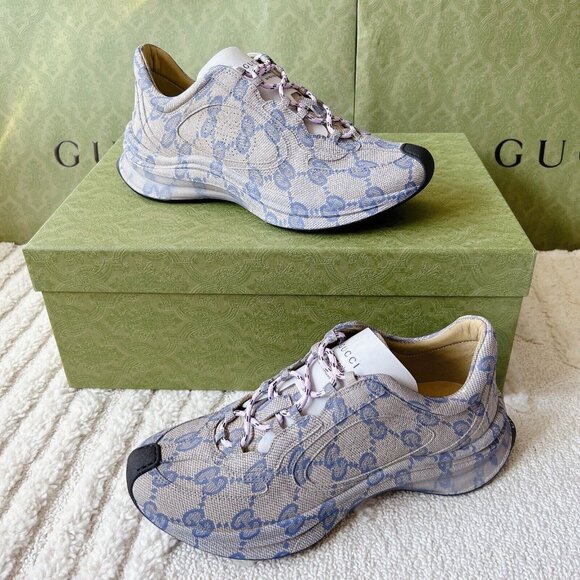 Gucci Monogram Run Runner GG Logo Sneaker Beige Blue Mens UK 8.5 US 9 - Picture 4 of 16